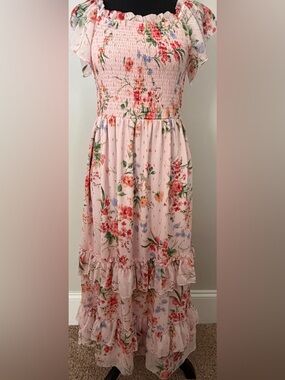 Girls Pink Floral Smocked Maxi Dress